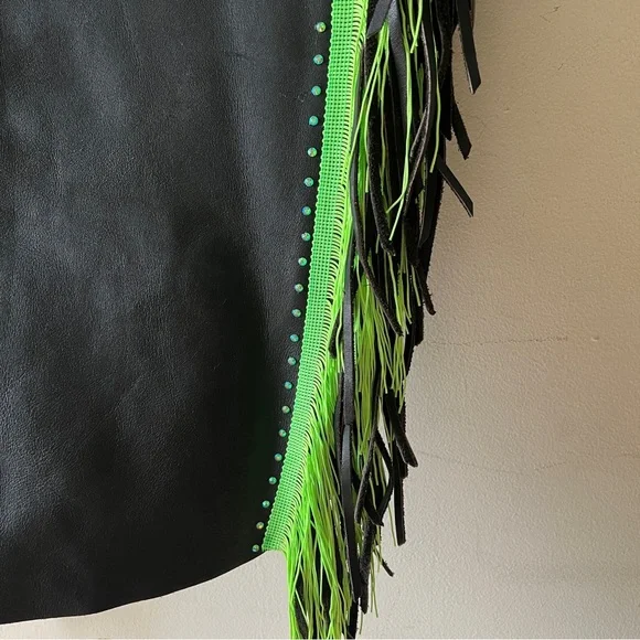 Black Leather Chaps with Green Fringe and Rhinestone Embellishments - Picture 6 of 16